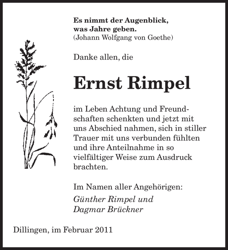  Traueranzeige für Ernst Rimpel vom 12.02.2011 aus SAARBRÜCKER ZEITUNG