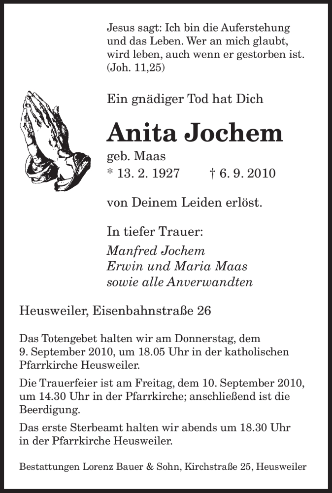  Traueranzeige für Anita Jochem vom 07.09.2010 aus SAARBRÜCKER ZEITUNG