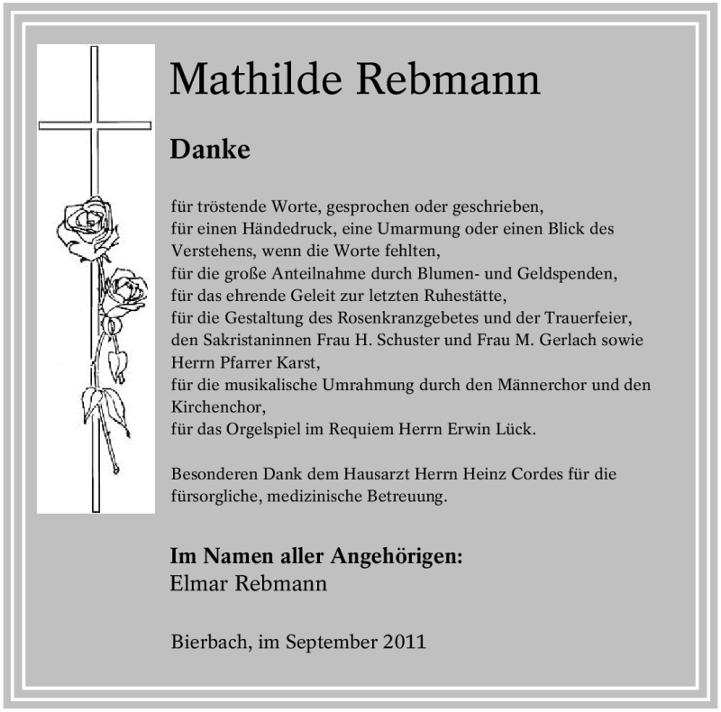  Traueranzeige für Mathilde Rebmann vom 10.09.2011 aus SAARBRÜCKER ZEITUNG