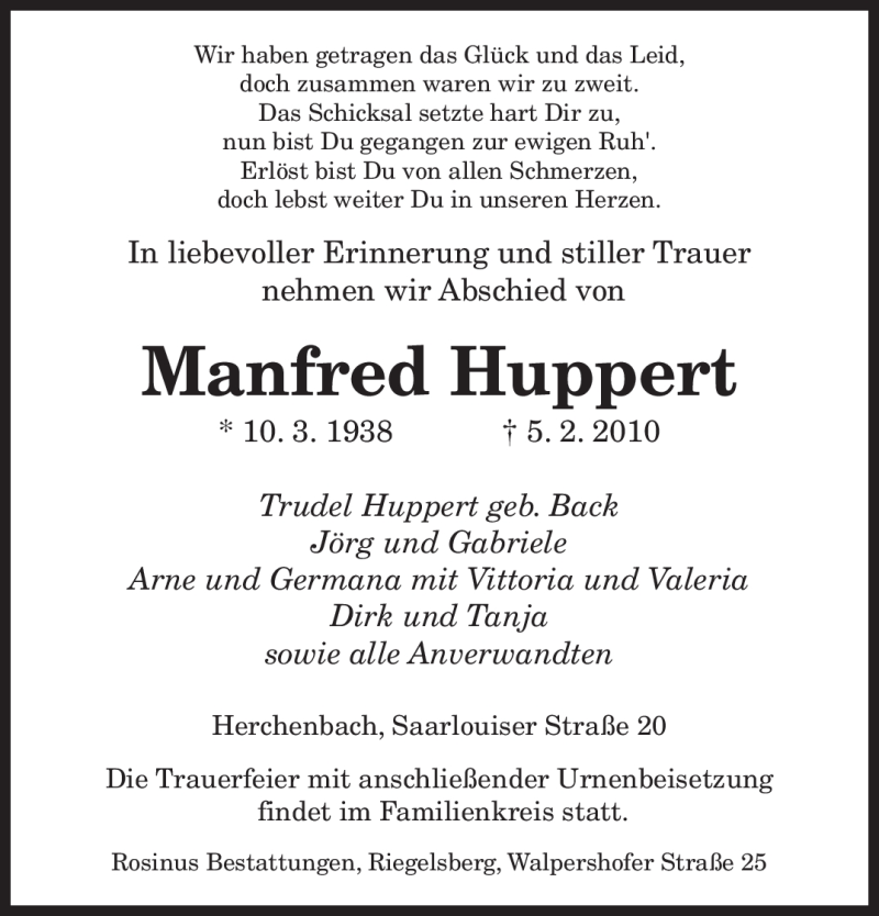  Traueranzeige für Manfred Huppert vom 09.02.2010 aus SAARBRÜCKER ZEITUNG