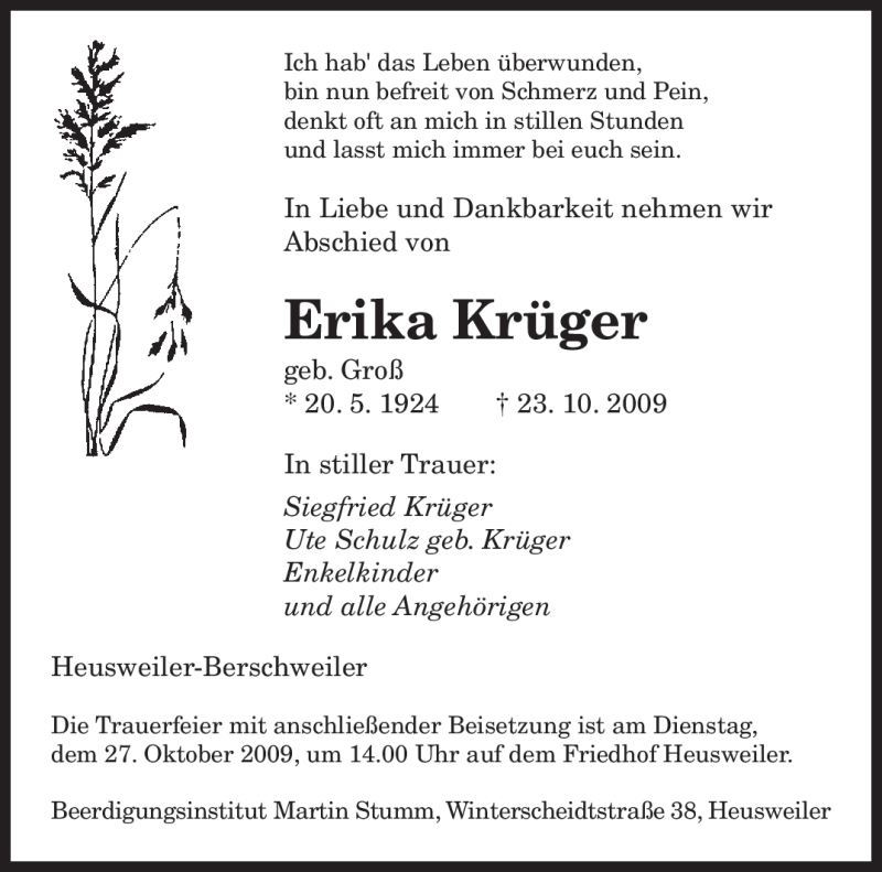  Traueranzeige für Erika Krüger vom 26.10.2009 aus SAARBRÜCKER ZEITUNG