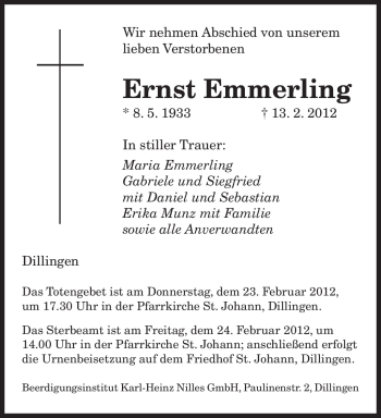 Traueranzeige von Ernst Emmerling von SAARBRÜCKER ZEITUNG