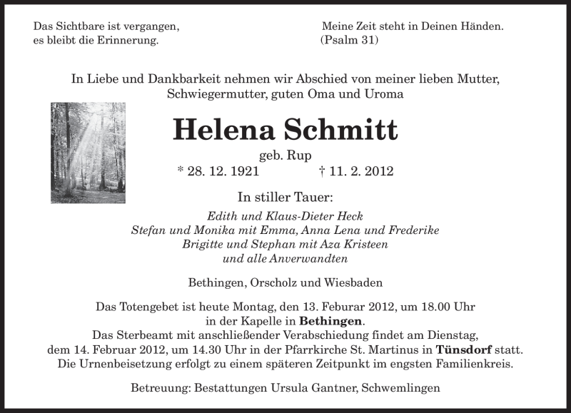  Traueranzeige für Helena Schmitt vom 13.02.2012 aus SAARBRÜCKER ZEITUNG