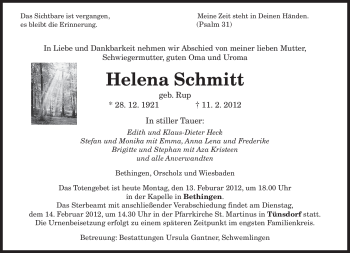 Traueranzeige von Helena Schmitt von SAARBRÜCKER ZEITUNG