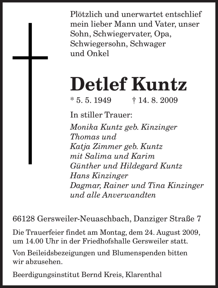 Traueranzeigen Von Detlef Kuntz Saarbruecker Zeitung Trauer De