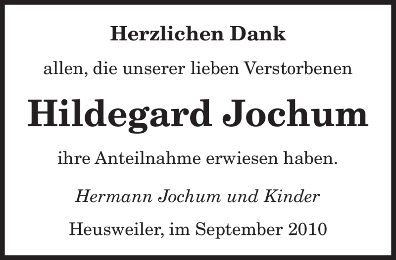 Traueranzeige für Hildegard Jochum vom 18.09.2010 aus SAARBRÜCKER ZEITUNG