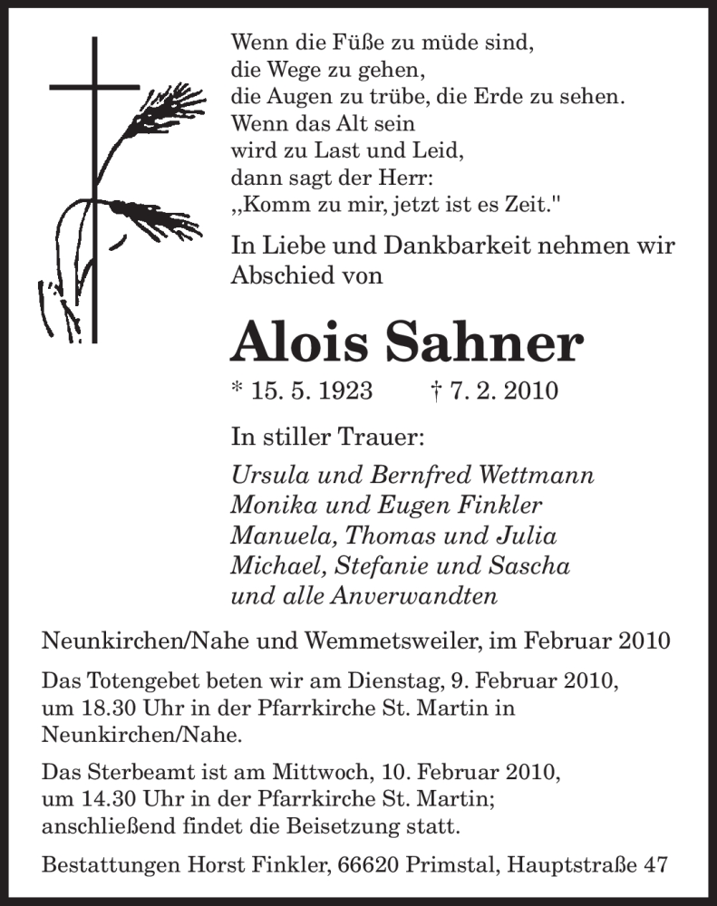  Traueranzeige für Alois Sahner vom 09.02.2010 aus SAARBRÜCKER ZEITUNG