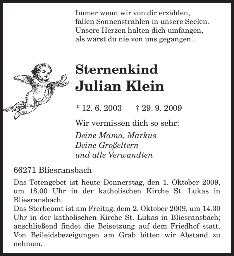  Traueranzeige für Julian Klein vom 01.10.2009 aus SAARBRÜCKER ZEITUNG