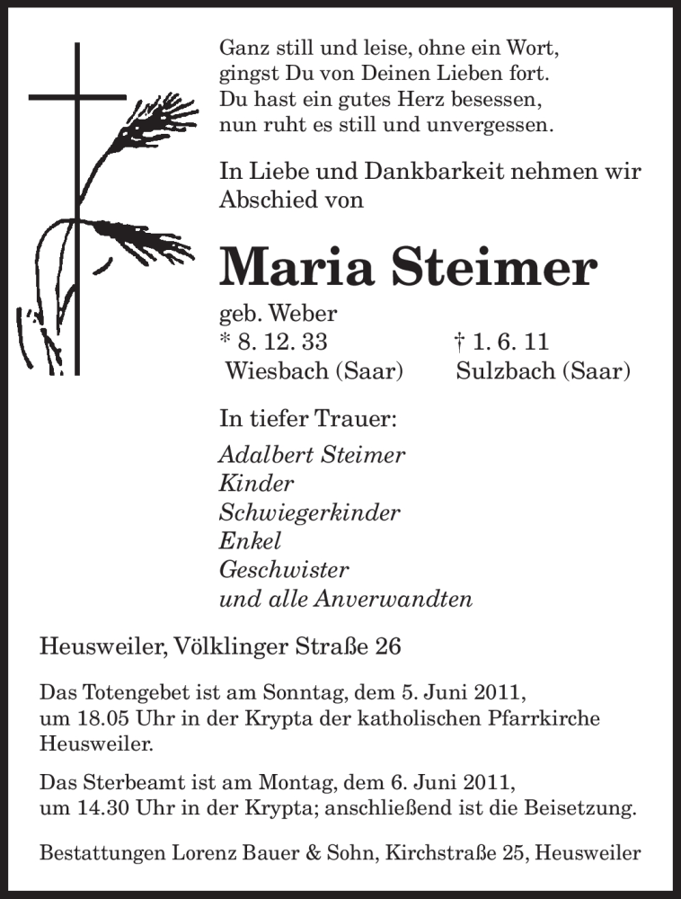  Traueranzeige für Maria Steimer vom 04.06.2011 aus SAARBRÜCKER ZEITUNG