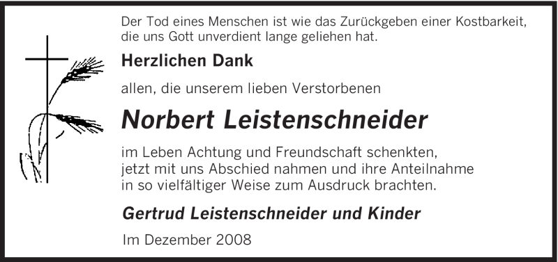  Traueranzeige für Norbert Leistenschneider vom 20.12.2008 aus SAARBRÜCKER ZEITUNG