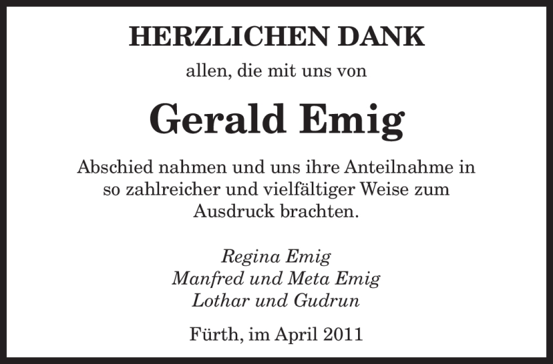  Traueranzeige für Gerald Emig vom 28.04.2011 aus SAARBRÜCKER ZEITUNG