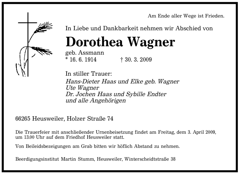 Traueranzeige für Dorothea Wagner vom 01.04.2009 aus SAARBRÜCKER ZEITUNG
