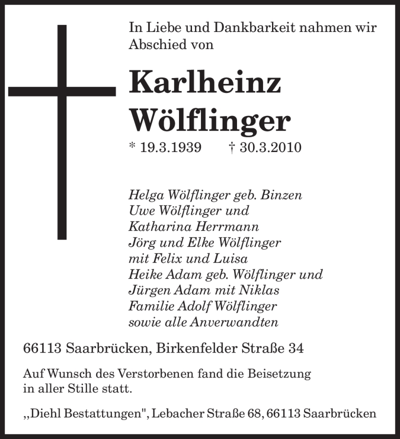  Traueranzeige für Karlheinz Wölflinger vom 10.04.2010 aus SAARBRÜCKER ZEITUNG