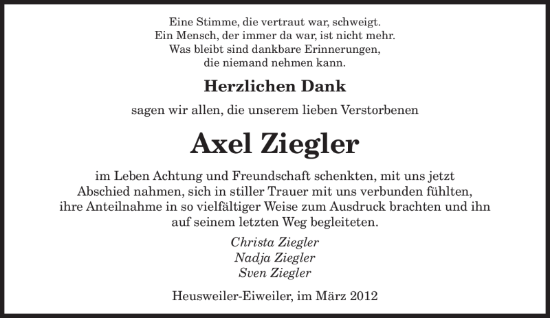  Traueranzeige für Axel Ziegler vom 31.03.2012 aus SAARBRÜCKER ZEITUNG