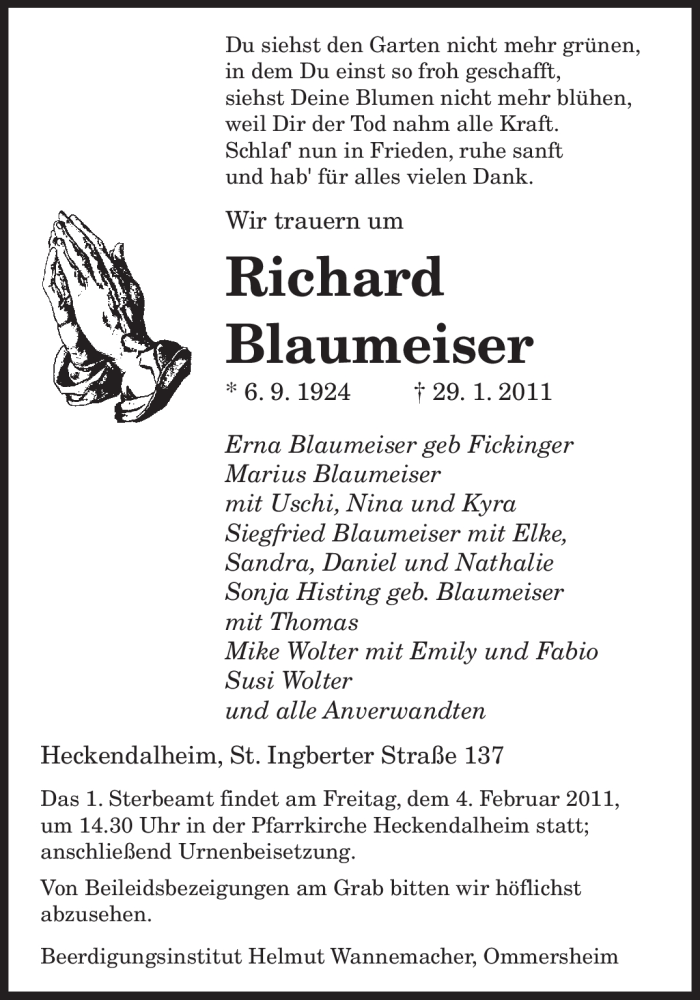  Traueranzeige für Richard Blaumeiser vom 01.02.2011 aus SAARBRÜCKER ZEITUNG