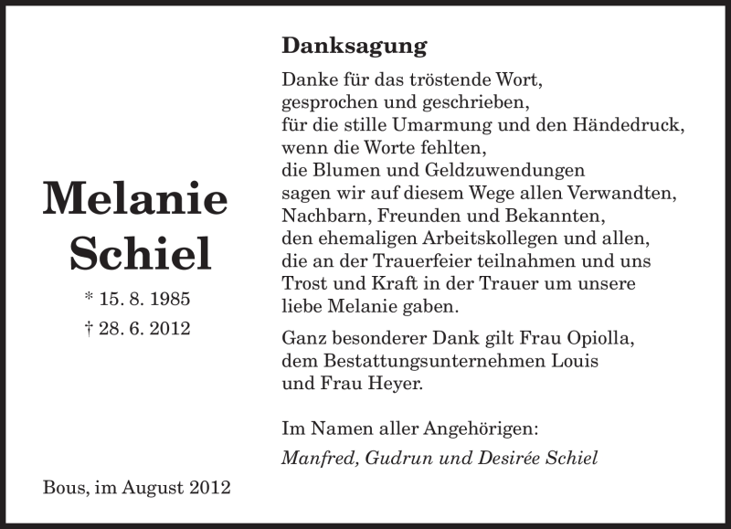  Traueranzeige für Melanie Schiel vom 04.08.2012 aus SAARBRÜCKER ZEITUNG