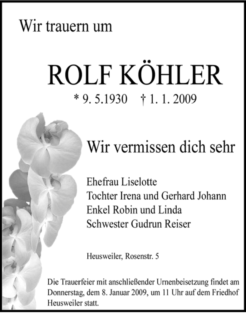  Traueranzeige für Rolf Köhler vom 06.01.2009 aus SAARBRÜCKER ZEITUNG