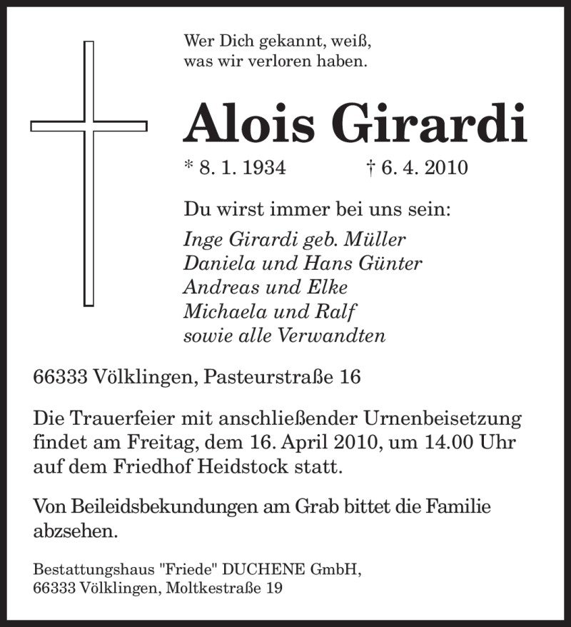  Traueranzeige für Alois Girardi vom 13.04.2010 aus SAARBRÜCKER ZEITUNG