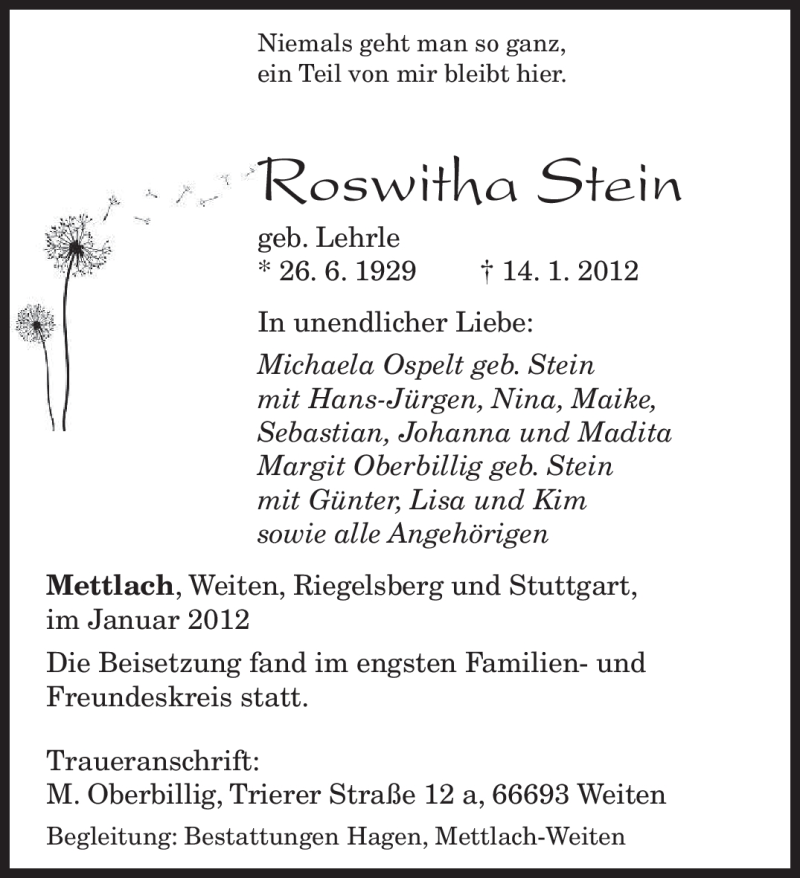  Traueranzeige für Roswitha Stein vom 23.01.2012 aus SAARBRÜCKER ZEITUNG
