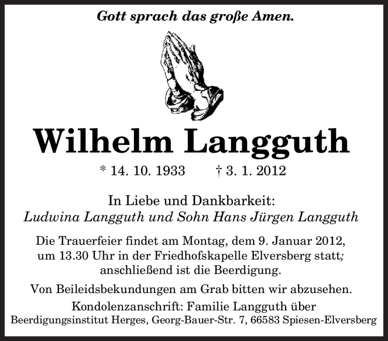  Traueranzeige für Wilhelm Langguth vom 06.01.2012 aus SAARBRÜCKER ZEITUNG