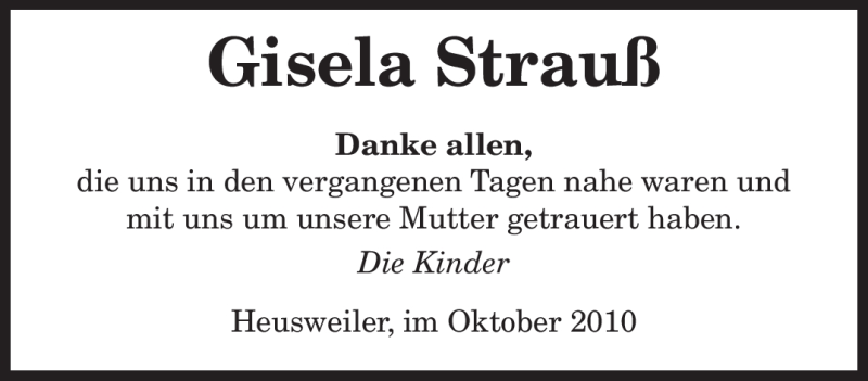  Traueranzeige für Gisela Strauß vom 21.10.2010 aus SAARBRÜCKER ZEITUNG