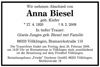 Traueranzeige von Anna Biesel von SAARBRÜCKER ZEITUNG