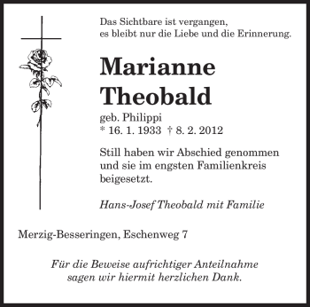 Traueranzeige von Marianne Theobald von SAARBRÜCKER ZEITUNG