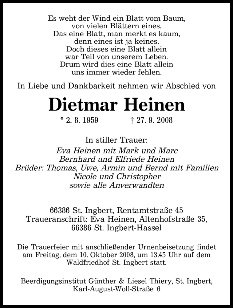  Traueranzeige für Dietmar Heinen vom 01.10.2008 aus SAARBRÜCKER ZEITUNG