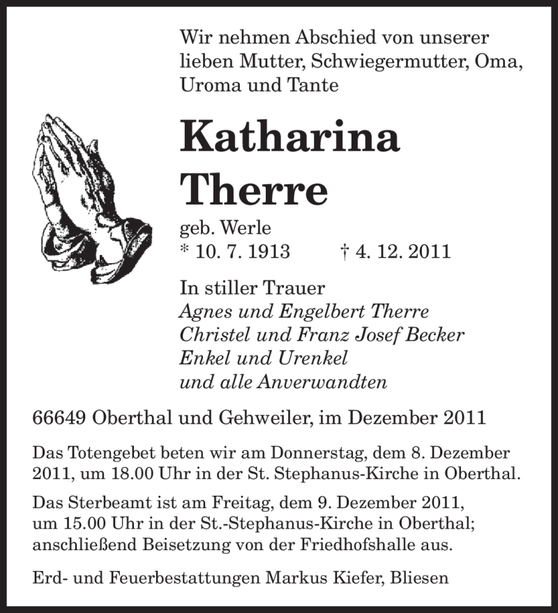  Traueranzeige für Katharina Therre vom 07.12.2011 aus SAARBRÜCKER ZEITUNG