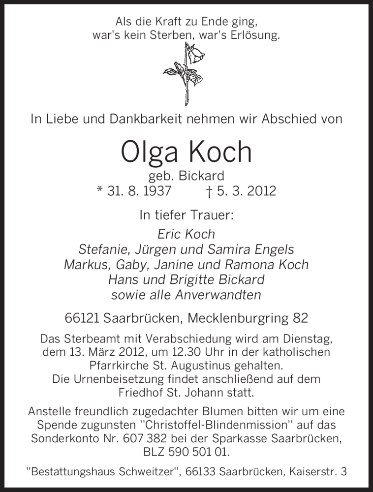  Traueranzeige für Olga Koch vom 08.03.2012 aus SAARBRÜCKER ZEITUNG
