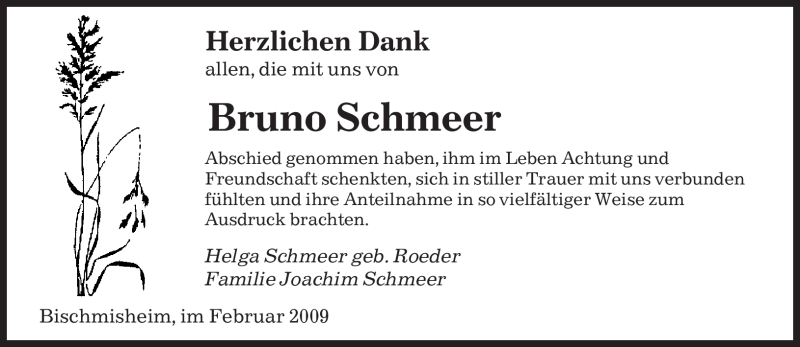  Traueranzeige für Bruno Schmeer vom 14.02.2009 aus SAARBRÜCKER ZEITUNG