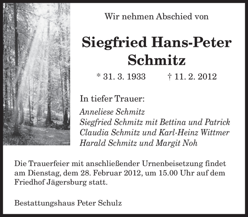  Traueranzeige für Siegfried Hans-Peter Schmitz vom 23.02.2012 aus SAARBRÜCKER ZEITUNG