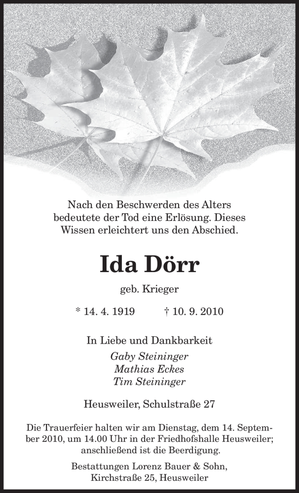  Traueranzeige für Ida Dörr vom 13.09.2010 aus SAARBRÜCKER ZEITUNG