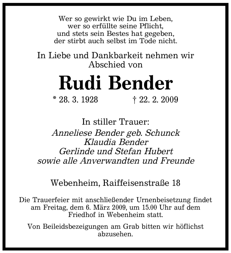  Traueranzeige für Rudi Bender vom 03.03.2009 aus SAARBRÜCKER ZEITUNG