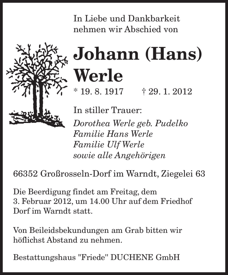  Traueranzeige für Johann Werle vom 01.02.2012 aus SAARBRÜCKER ZEITUNG