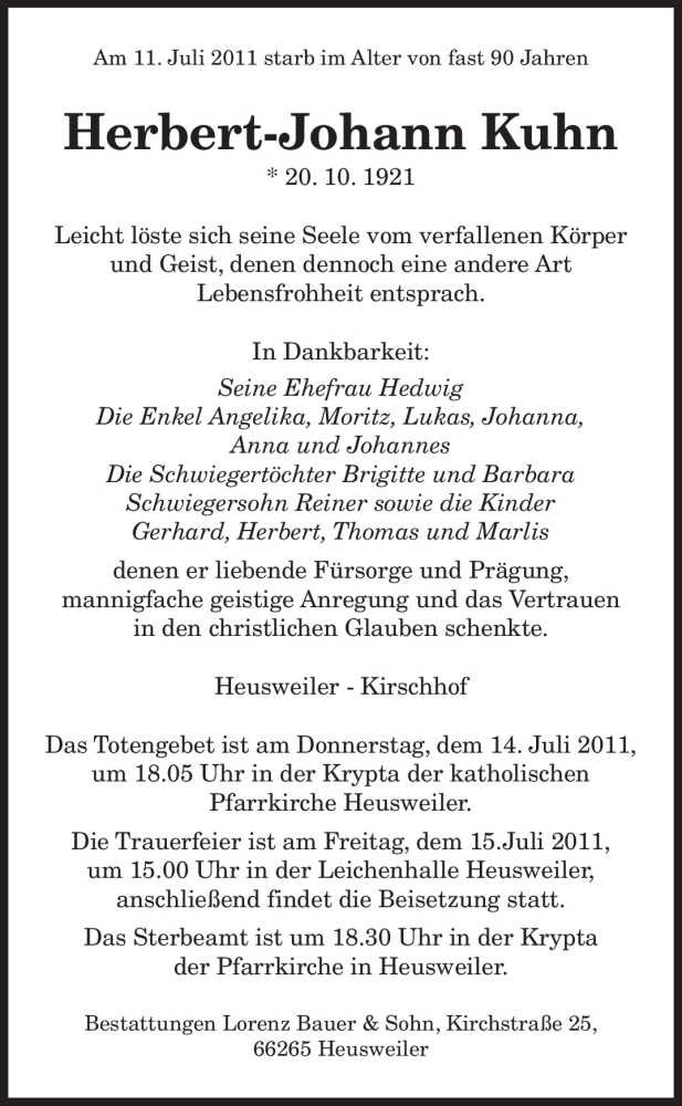  Traueranzeige für Herbert-Johann Kuhn vom 13.07.2011 aus SAARBRÜCKER ZEITUNG