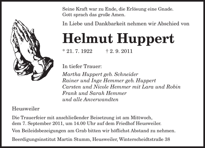  Traueranzeige für Helmut Huppert vom 05.09.2011 aus SAARBRÜCKER ZEITUNG