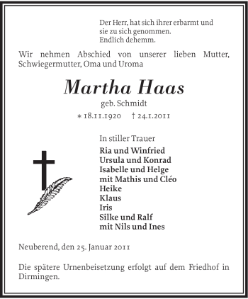 Traueranzeige von Martha Haas von SAARBRÜCKER ZEITUNG