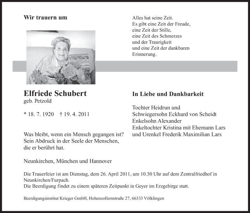  Traueranzeige für Elfriede Schubert vom 23.04.2011 aus SAARBRÜCKER ZEITUNG
