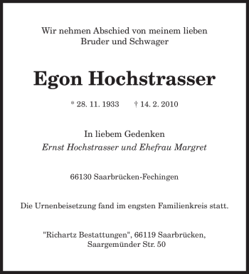 Traueranzeige von Egon Hochstrasser von SAARBRÜCKER ZEITUNG