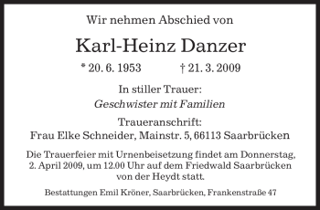 Traueranzeige von Karl-Heinz Danzer von SAARBRÜCKER ZEITUNG