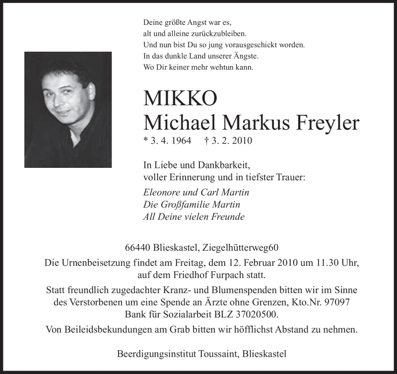  Traueranzeige für Michael Markus Freyler vom 09.02.2010 aus SAARBRÜCKER ZEITUNG