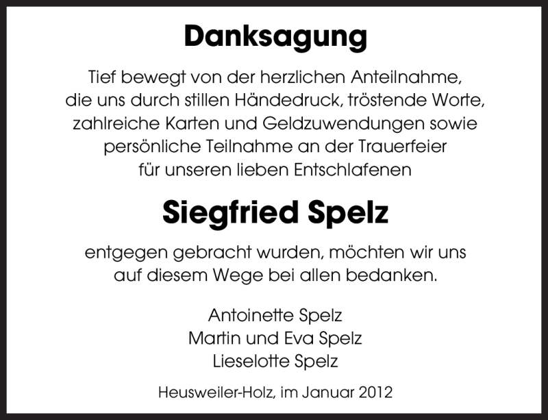  Traueranzeige für Siegfried Spelz vom 14.01.2012 aus SAARBRÜCKER ZEITUNG
