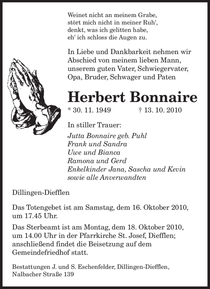  Traueranzeige für Herbert Bonnaire vom 15.10.2010 aus SAARBRÜCKER ZEITUNG