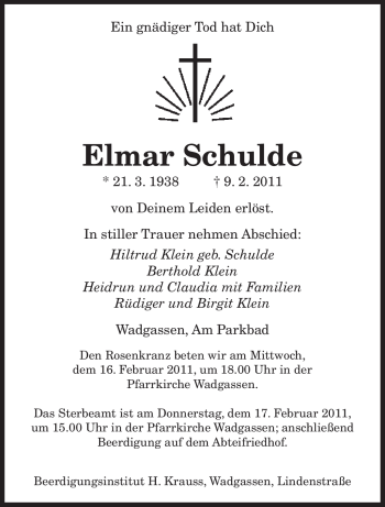 Traueranzeige von Elmar Schulde von SAARBRÜCKER ZEITUNG
