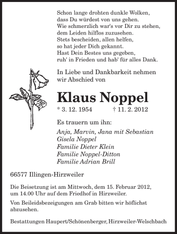Traueranzeige von Klaus Noppel von SAARBRÜCKER ZEITUNG