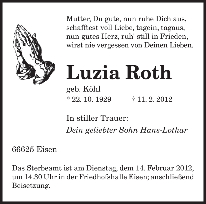  Traueranzeige für Luzia Roth vom 13.02.2012 aus SAARBRÜCKER ZEITUNG