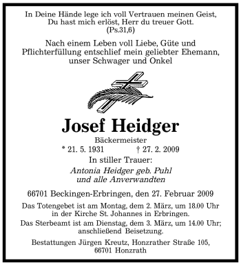 Traueranzeige von Josef Heidger von SAARBRÜCKER ZEITUNG