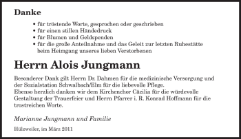 Traueranzeige von Alois Jungmann von SAARBRÜCKER ZEITUNG