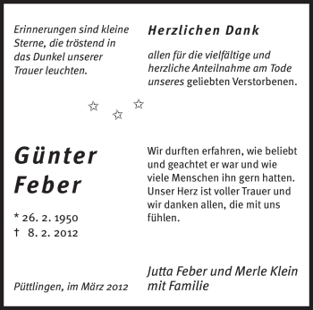 Traueranzeige von Günter Feber von SAARBRÜCKER ZEITUNG